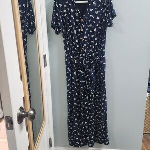 Navy Floral Button-Front Jumpstiot with Tie Waist